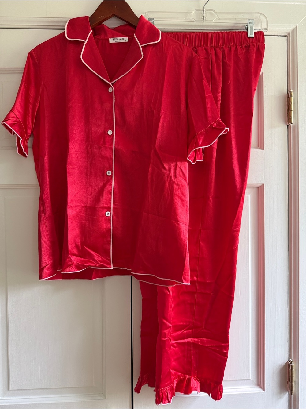 Classic Red Satin Women's Pajama Set with White Trim